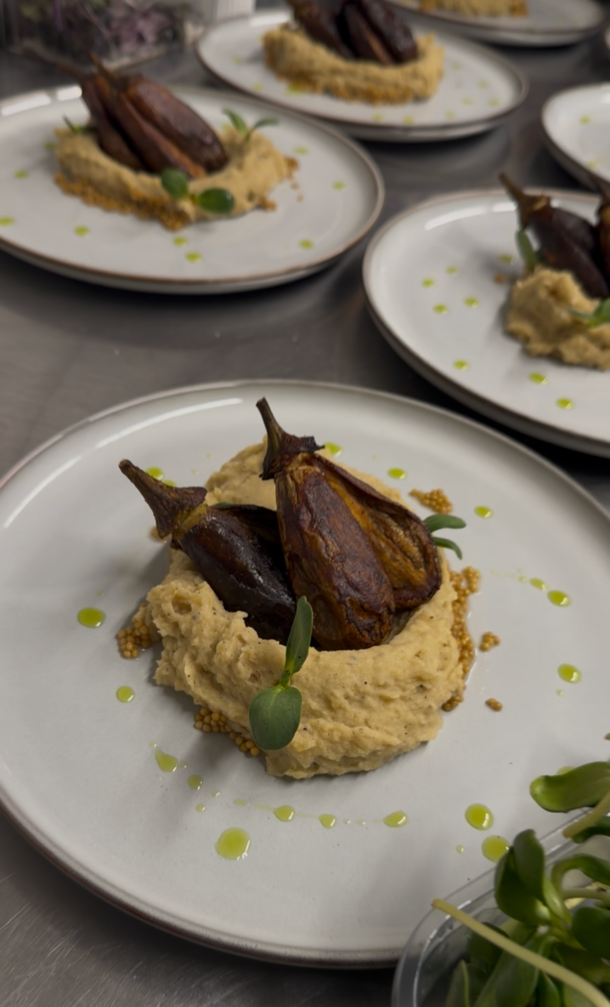Gericht mit pürierter Creme und gebratenen Auberginen, dekoriert mit Kräutern und Öl.